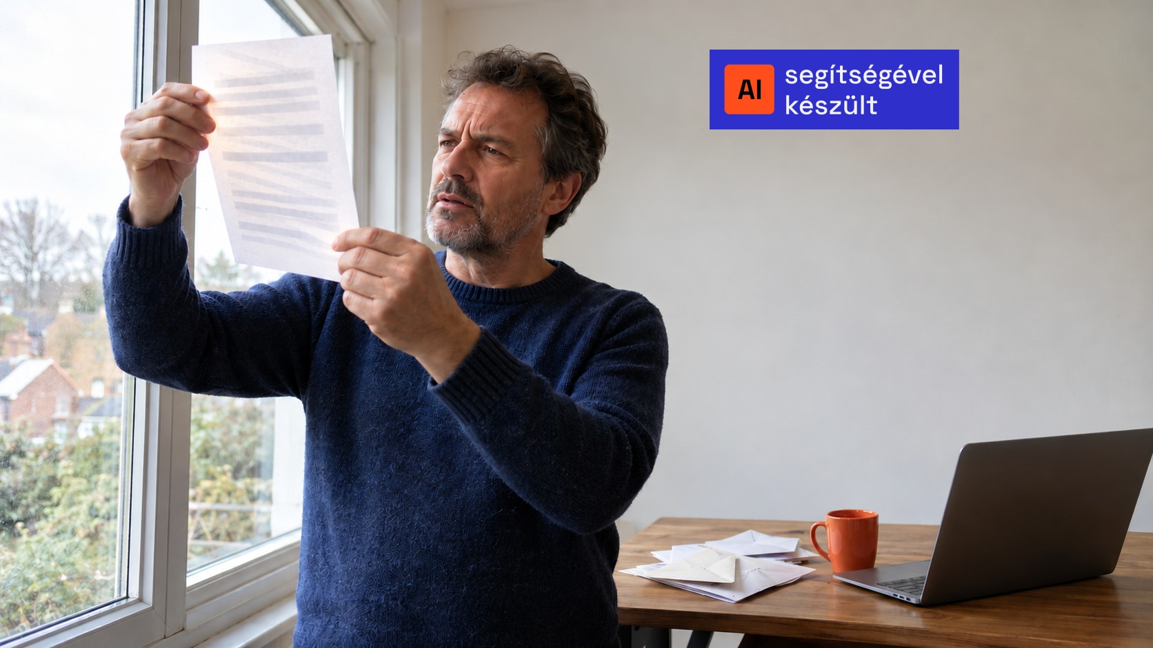 Középkorú férfi egy kinyomtatott levelet tart az ablak felé, és értetlenül vizsgálja. Az ellenfényben a nyomtatott sorok mögött halvány, rejtett sorok sejlenek át. A kép AI segítségével készült.