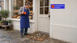 Egy pékség tulajdonosa reggel az üzlete zárt ajtaja előtt áll, kezében bögre és egyetlen kulcs, a lábtörlőn pedig több száz idegen kulcs hever egy kupacban. AI segítségével készült.